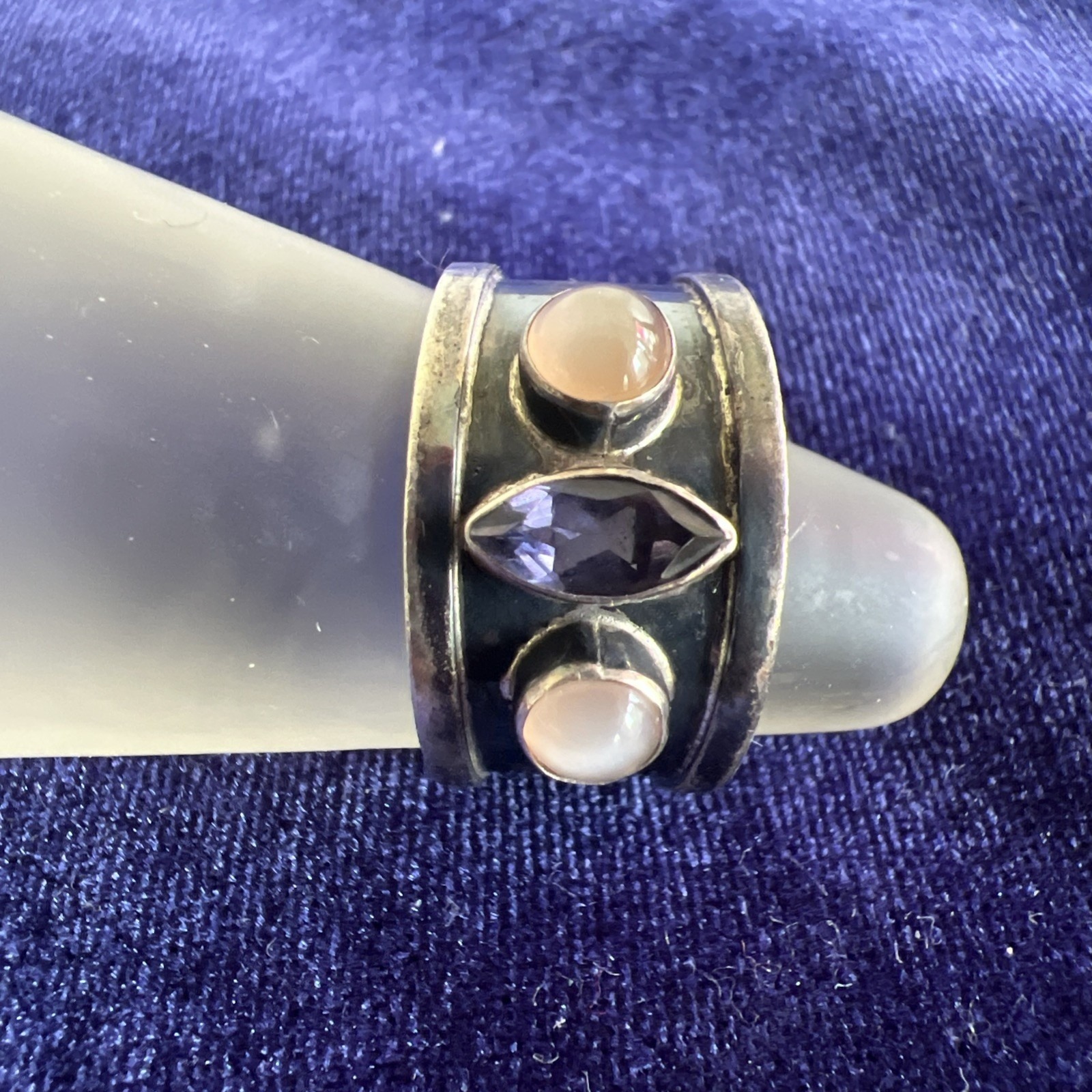 Vintage Sterling Silver Modernist Gemstone Cabochon Band Ring Sz 8.5 Moonstone